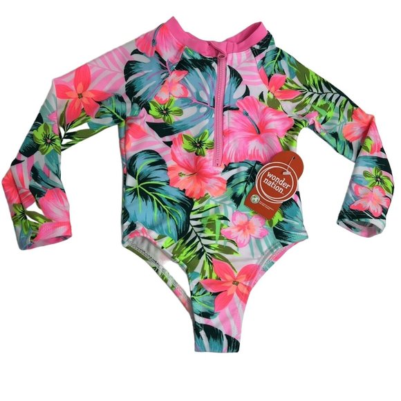 Wonder Nation Swimsuit Toddler Sz 18M Tropical Hawaiian Floral UPF 50 Rash Guard - Picture 11 of 12